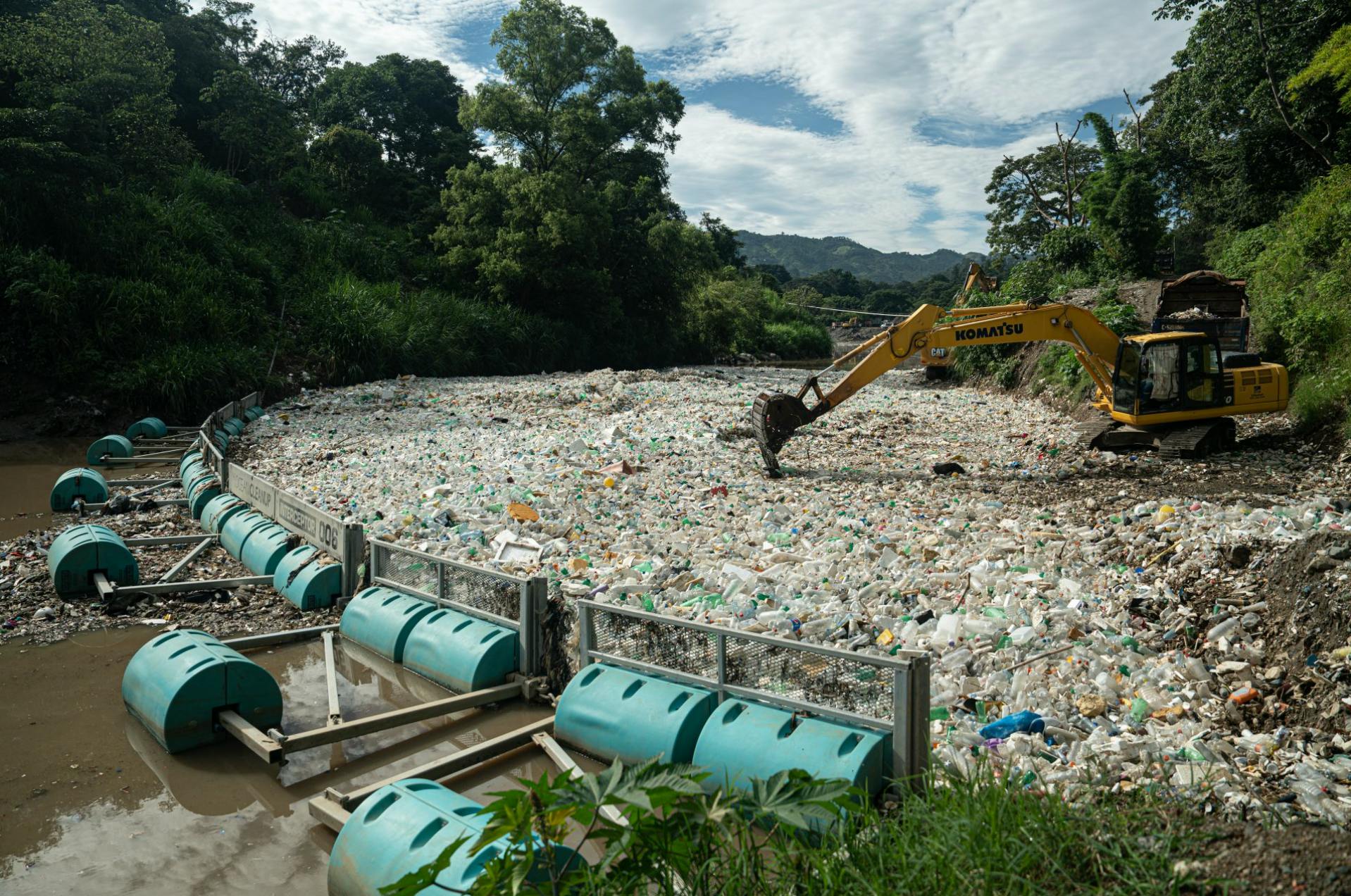 An interceptor deployed on a river in Guatemala