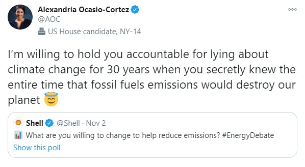 Alexandria Ocasio-Cortez tweet about Shell marketing campaign