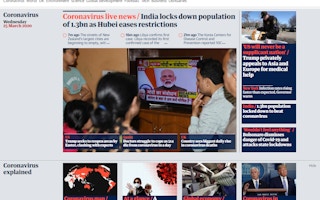 The homepage of TheGuardian.com, the world's most popular international website for sustainability news, is swamped with coverage of the coronavirus on Wednesday 25 March. Image: www.theguardian.com/international screengrab