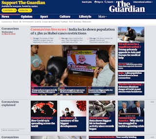 The homepage of TheGuardian.com, the world's most popular international website for sustainability news, is swamped with coverage of the coronavirus on Wednesday 25 March. Image: www.theguardian.com/international screengrab