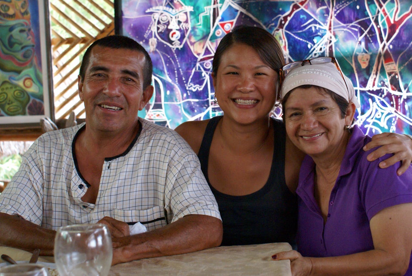 Cherie Tan with Cesar Reategui and his wife in Tarapoto, Peru. Image: Cherie Tan