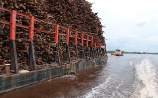 Logs being transported down a river from Ogan Komering Ilir paper mill South Sumatra, Indonesia. Image: Robin Hicks/Eco-Business