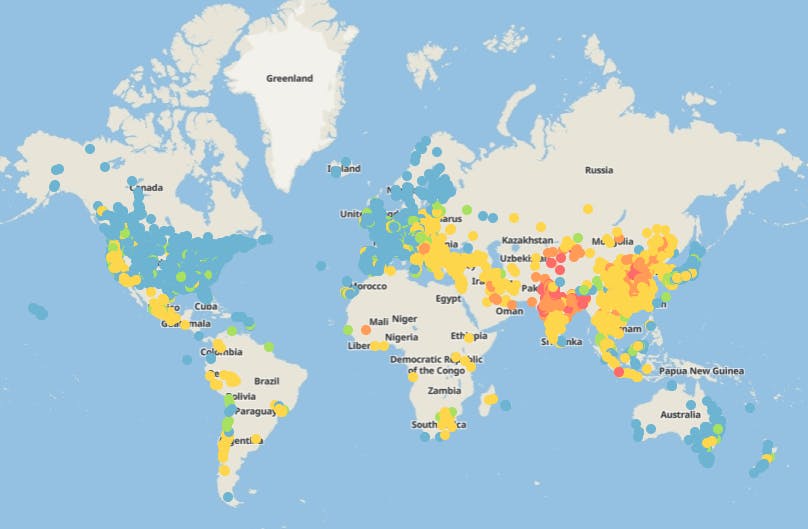 Air quality map of the world based on 2020 PM2.5 data.