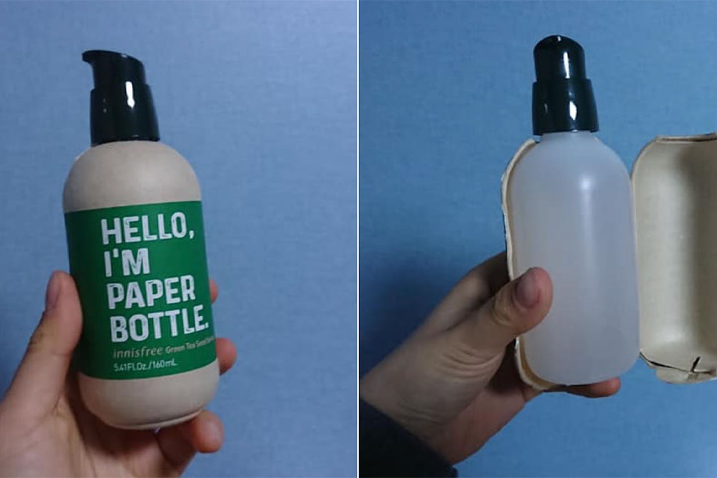 Korean cosmetics brand inscribed "Hello, I‘m Paper Bottle” on the side of a bottle that had a plastic lining.