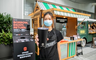 A Muuse reusable cup in use in Hong Kong during the Covid-19 pandemic. A rent and return trial has been running in the business cluster, Taikoo Place. Image: Muuse