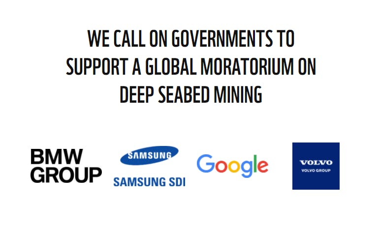 Corporations including two of the world's biggest carmakers, search engine giant Google and electronics manufacturer Samsung have signed a statement opposing the mining of the deep sea-bed floor.