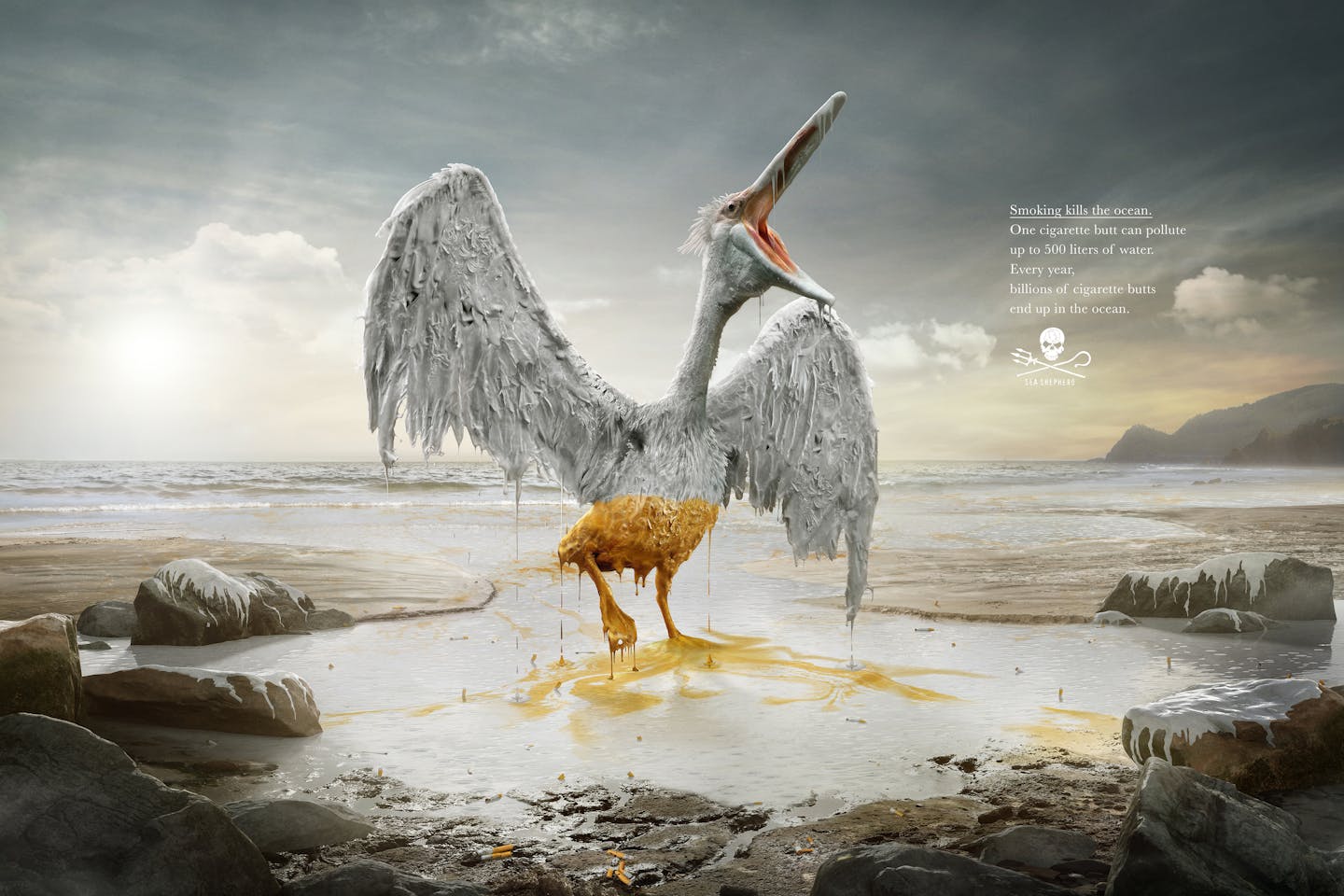 An advertisement for green group Sea Shepherd highlights the ecosystem damage of cigarette butt pollution to mark World Oceans Day. A single cigarette can pollute 500 litres of water, the ad warns. Image: Sea Shepherd