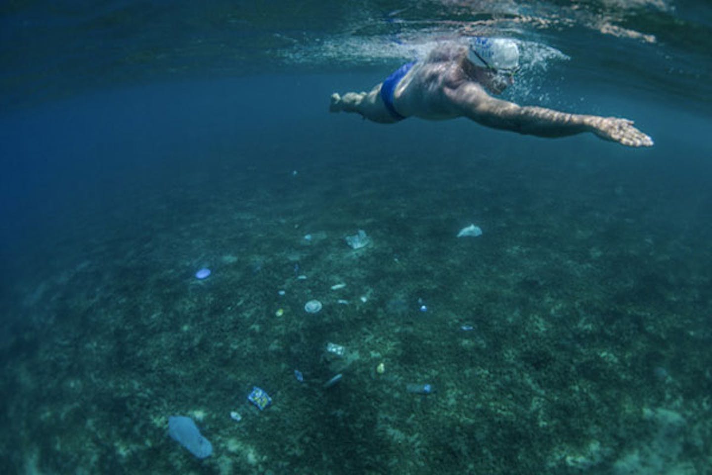 swimming with plastic