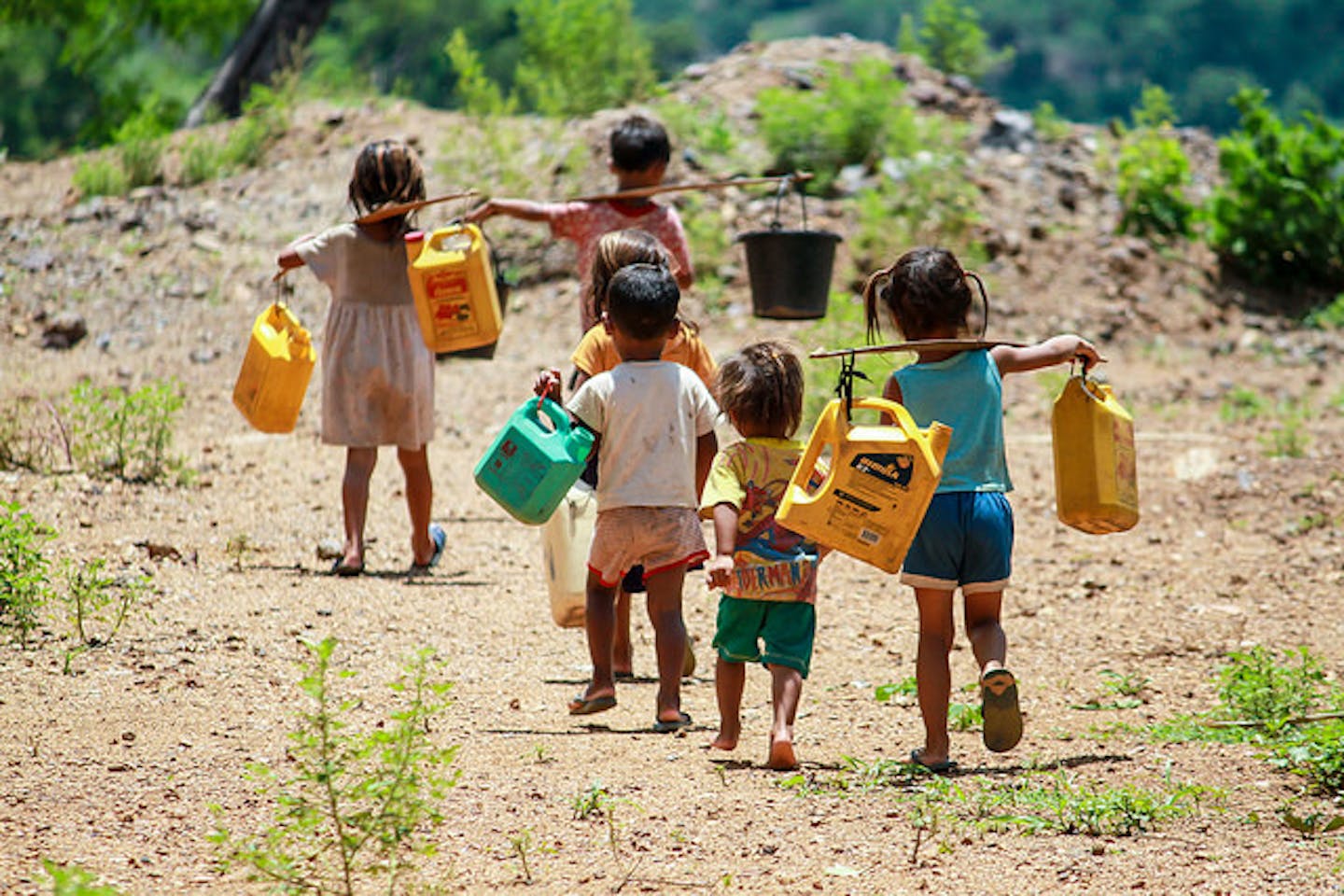 children carry gallons to fetch water from a river