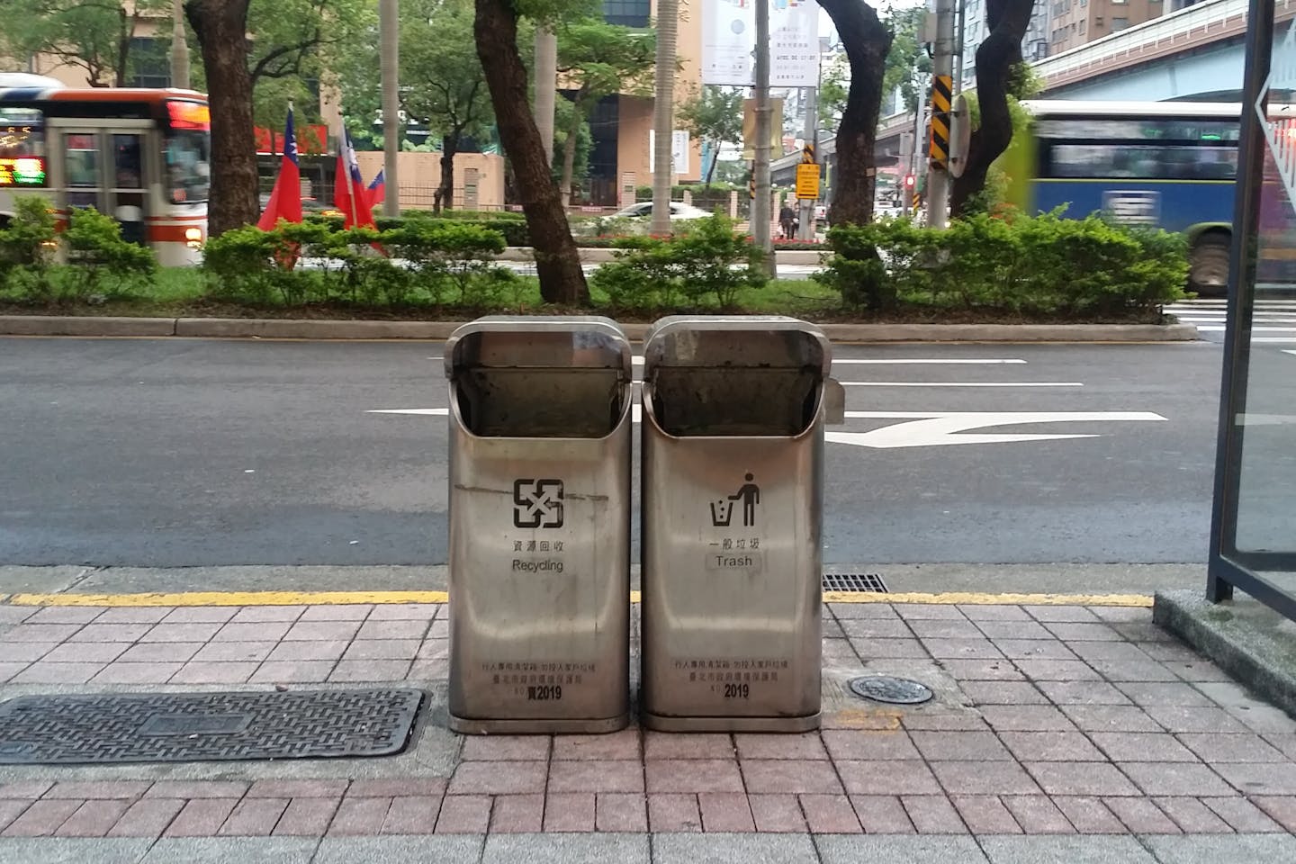 trash bins along the street in Taipei