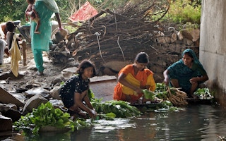 washing vegetables in the Yamuna river in India