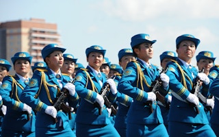 Military parade during Constitution Day in Kazakhstan.