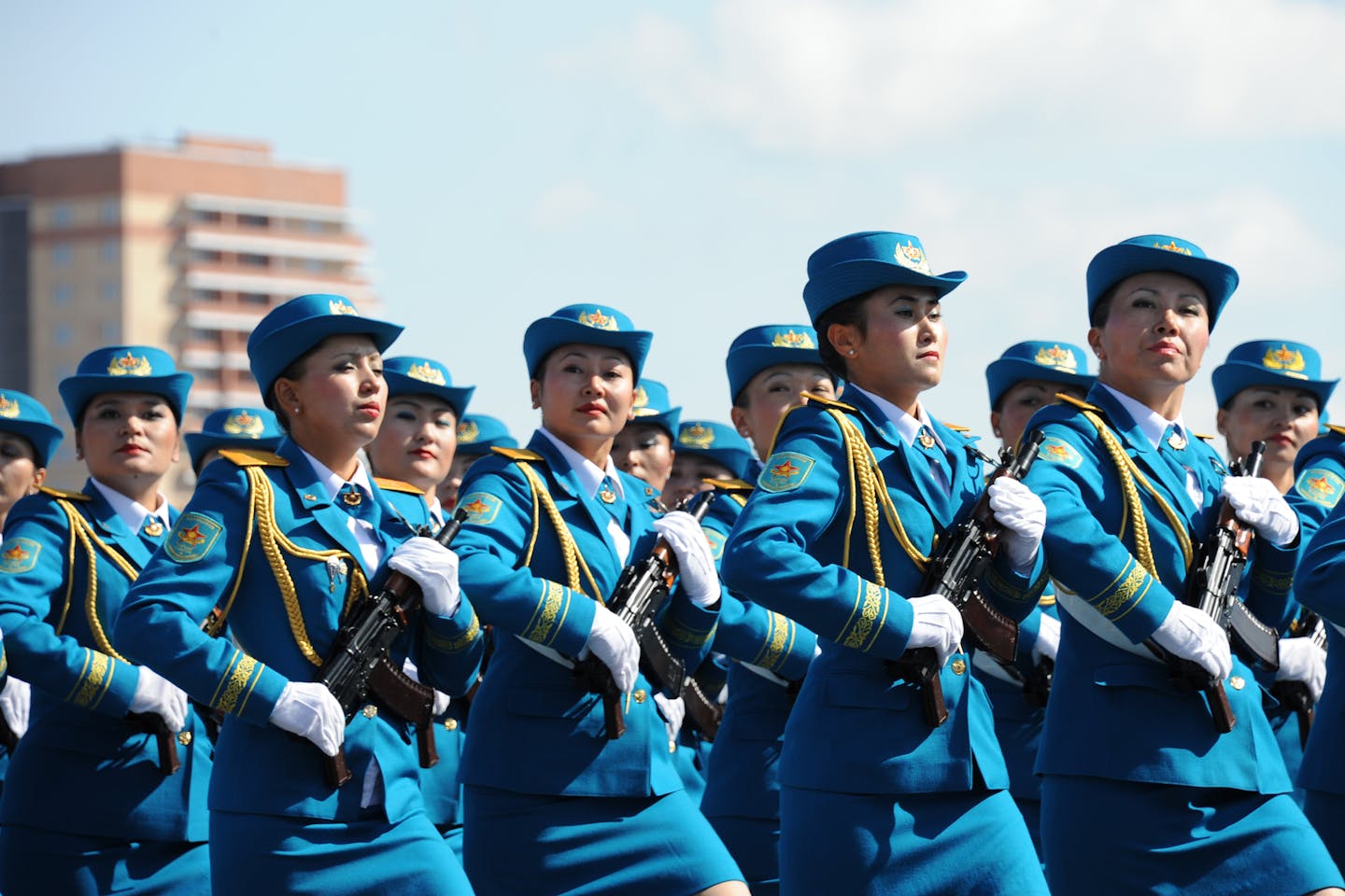 Military parade during Constitution Day in Kazakhstan.