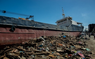 Cargo ship swept ashore by Typhoon Haiyan in the Philippines