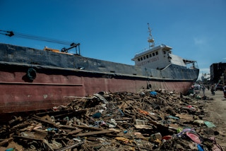 Cargo ship swept ashore by Typhoon Haiyan in the Philippines