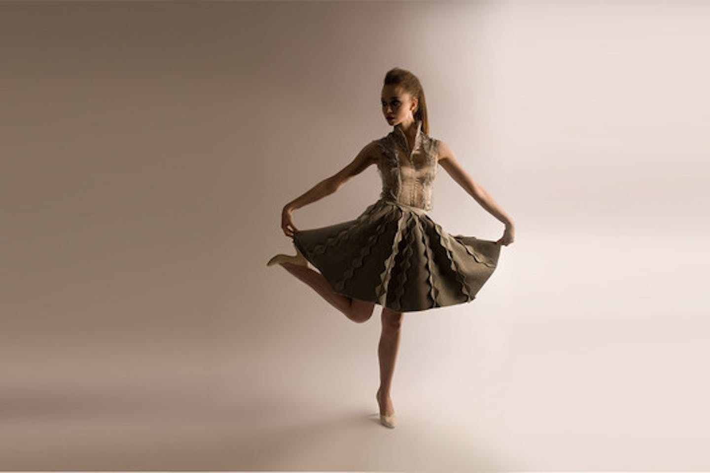 A model wears a dress designed and produced with zero waste