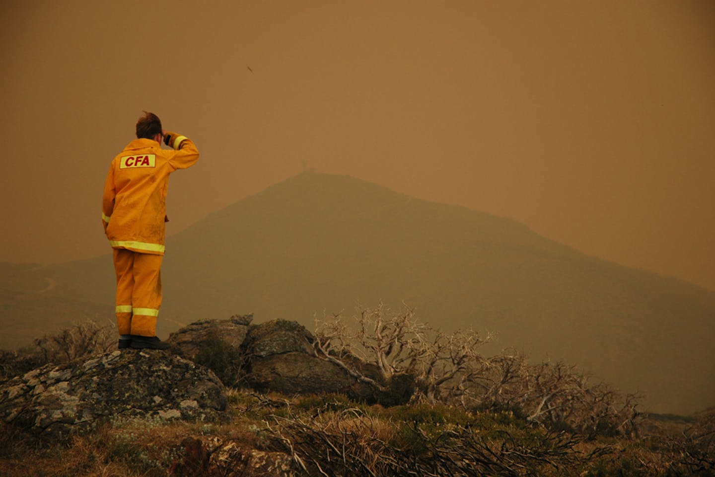 A firefighter in Falls Creek, Victoria, Australia looks across the smog generated by wildfires.
