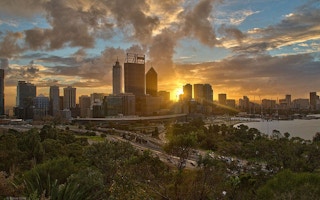 Sunrise behind Perth's central business district