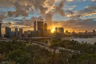 Sunrise behind Perth's central business district