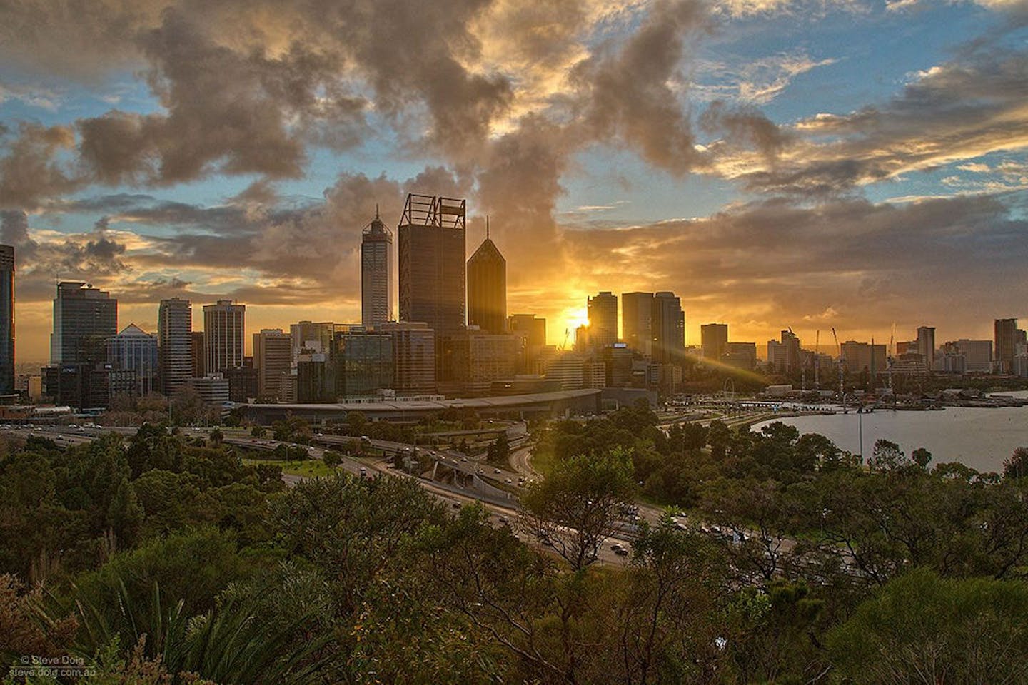Sunrise behind Perth's central business district