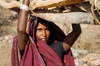 Woman carrying firewood in India