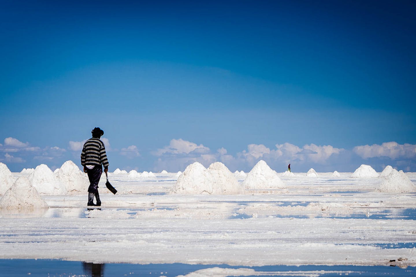 Man walks in Salar de Uyuni in Bolivia