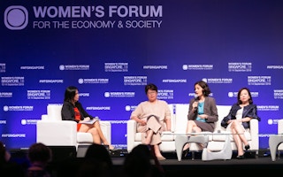 Experts from industry and civil society discuss the role of women in advancing the climate agenda in a panel titled 'Tackling Climate Change: Designing ASEAN's sustainable future.' Image: Women's Forum / Sipa Press