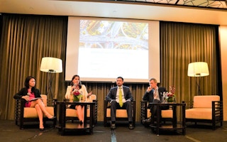 Eco-Business managing editor Jessica Cheam, Moxie Future founder Jessica Robinson, Standard Chartered Bank executive director, capital solutions, Rahul Sheth, and Georg Kell, chairman, Arabesque, and founding executive director, United Nations Global Compact. Image: Eco-Business