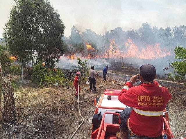Indonesian firefighters try to control fire