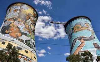  the cooling towers of the retired Orlando coal plant in South Africa. The towers now display large murals and advertisements as well as being used as a platform for bungee and BASE jumping