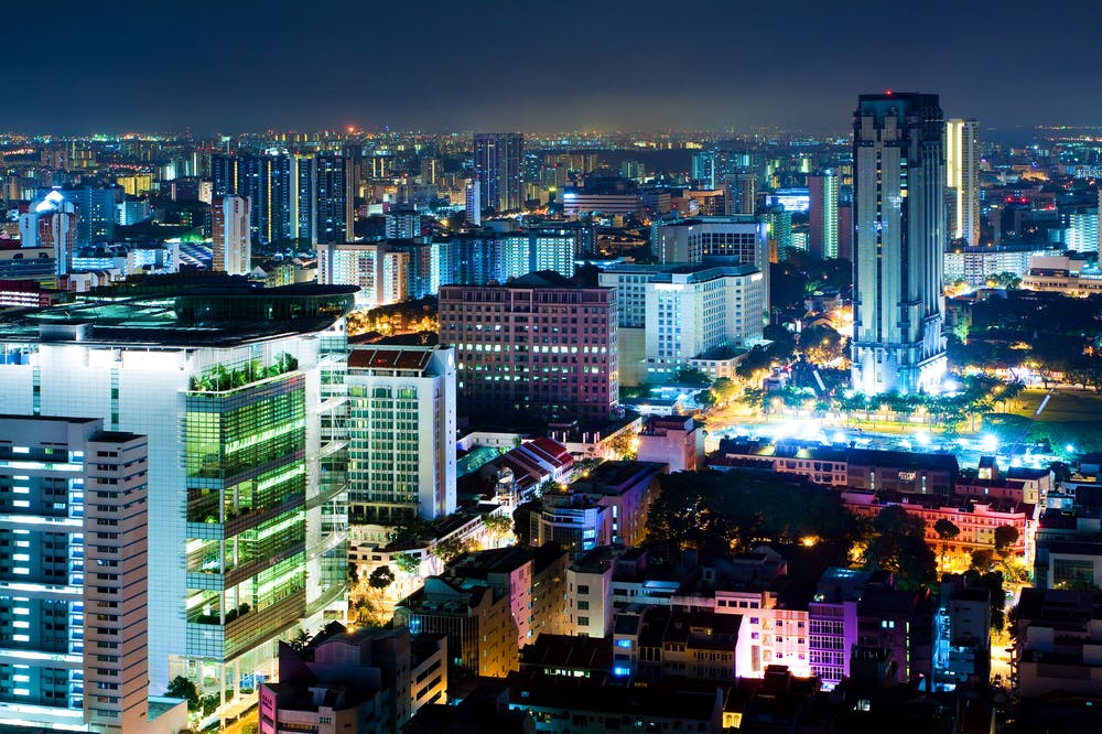 Singapore buildings lit up at night