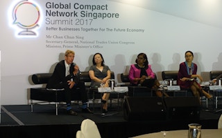 DBS's co-chair of sustainability council Mikkel Bilyk Larsen addresses the audience at Global Compact Network Singapore event