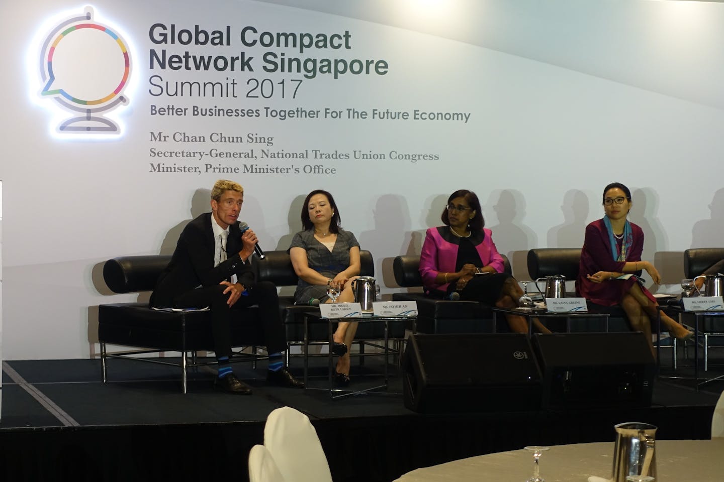 DBS's co-chair of sustainability council Mikkel Bilyk Larsen addresses the audience at Global Compact Network Singapore event